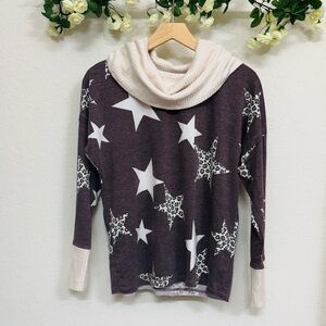 Live Well Lounge • Mauve Purple Leopard Star Cowl Neck Sweater Top Cozy Boho